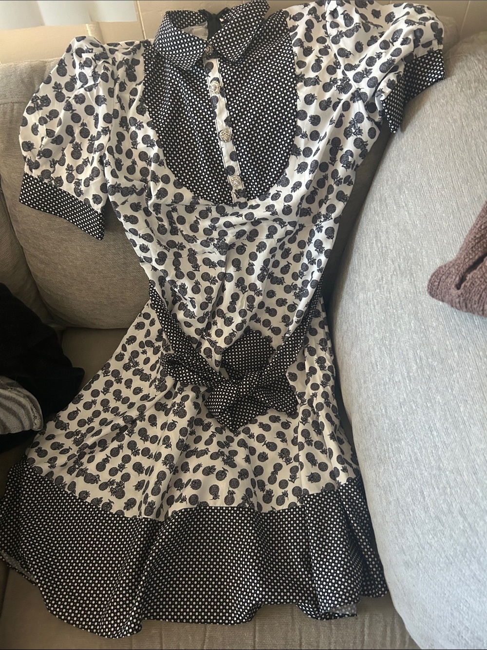 Polka Dot Accent Short Sleeve Fit-and-Flare Dress - Black & White